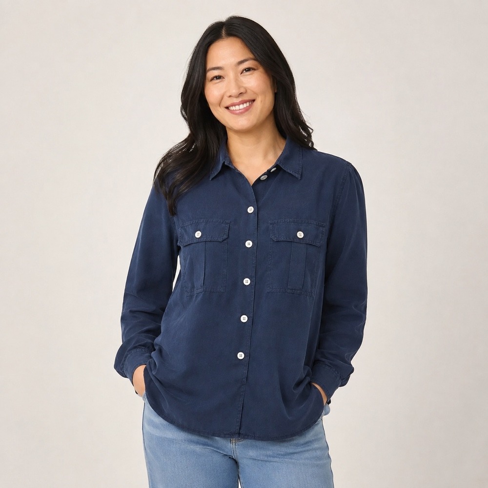JH Collectibles Petites Silk Blouse Womens 8 Navy Blue Utility Button Down Shirt